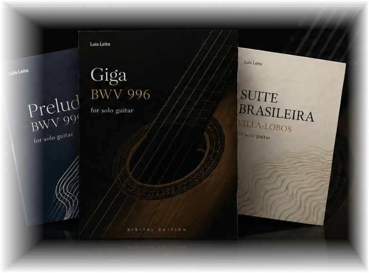 Printed score editions by Luis Leite standing over a classical guitar backdrop
