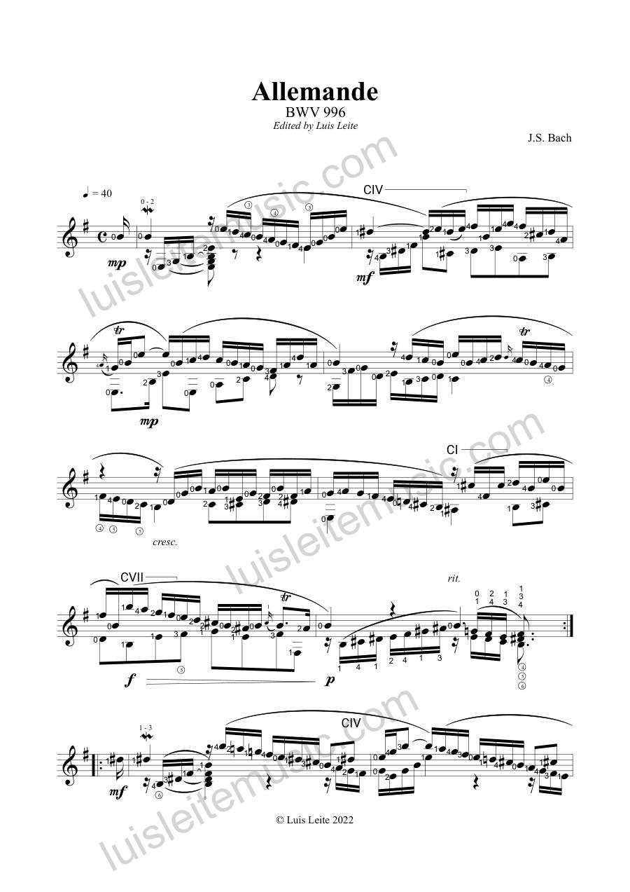 Preview: first page of BWV 996 – Allemande